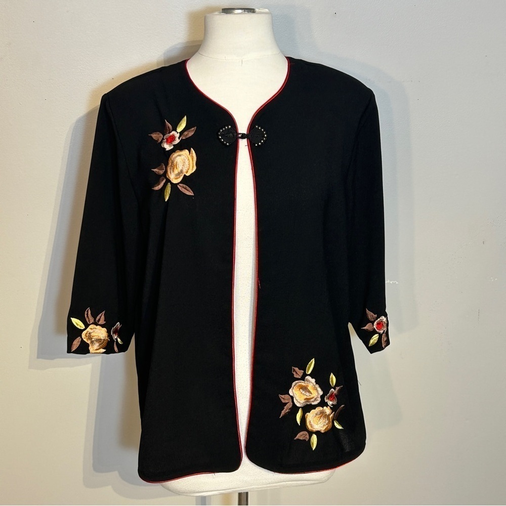 Black Flowered Jacket Vintage Size L/Xl - Picture 1 of 10